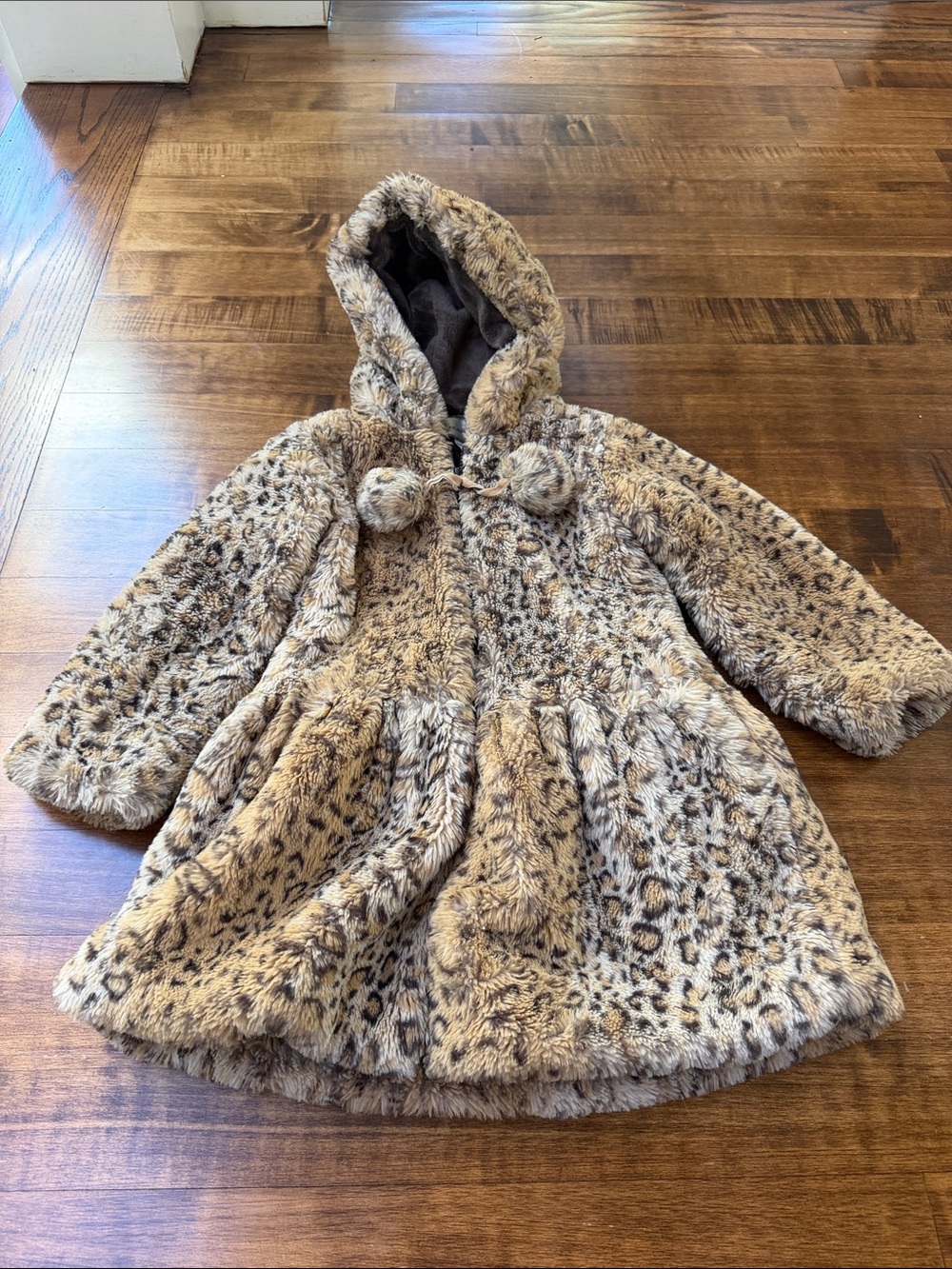 Leopard-Print Faux Fur Hooded Kids Coat - Beige